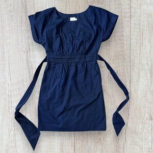 Anthropologie HD in Paris Navy Blue Poplin Sheath Dress Pockets Wrap Tie Belt 8